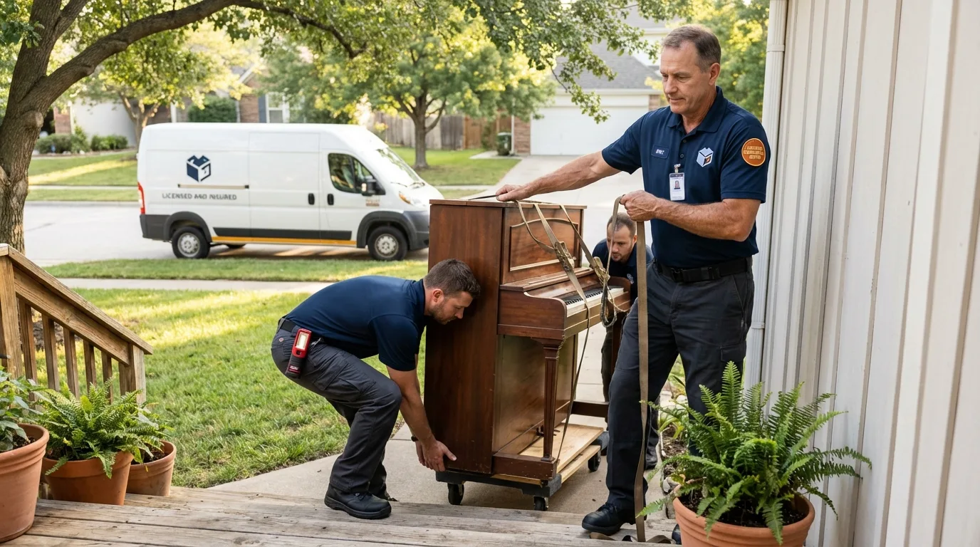 Licensed piano movers securing grand piano in Oakland City, IN