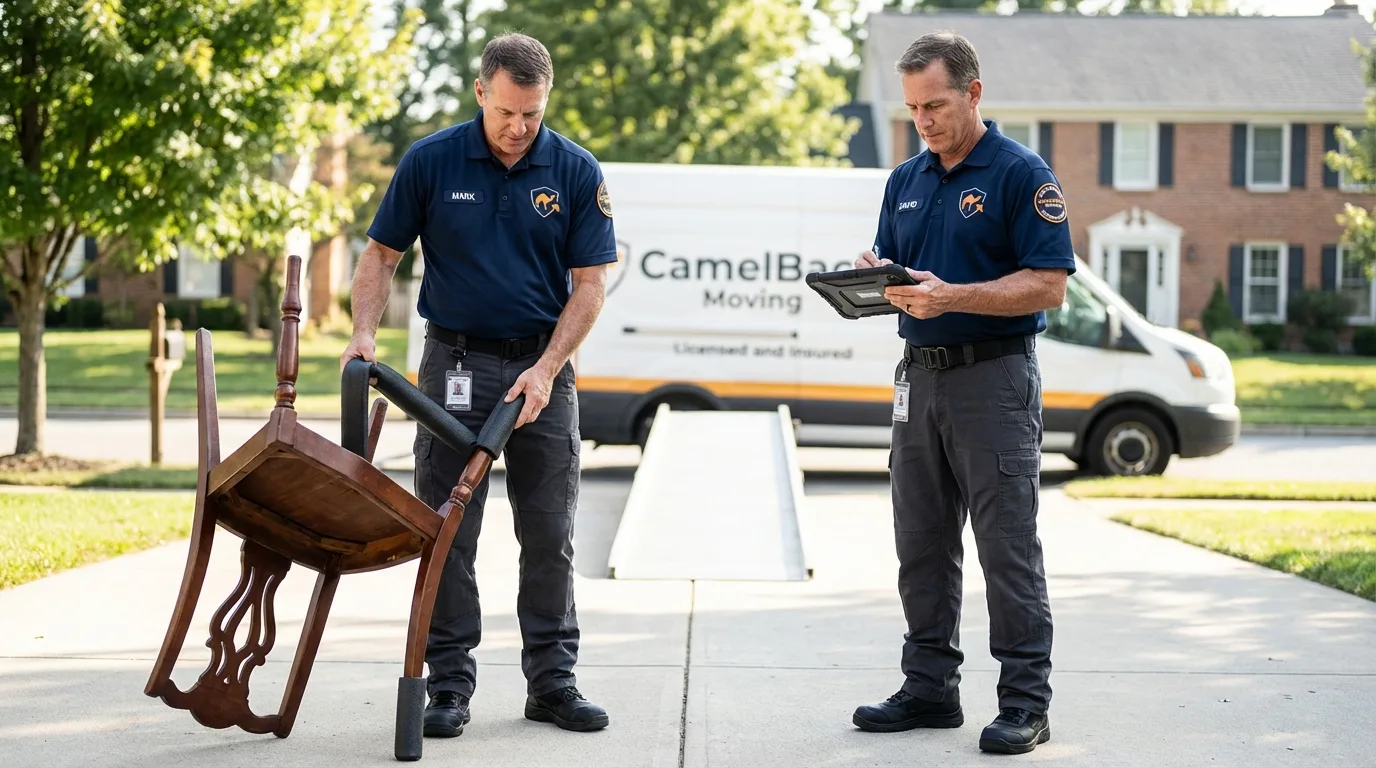 Movers inspecting furniture for damage prevention before loading in Oakland City, IN