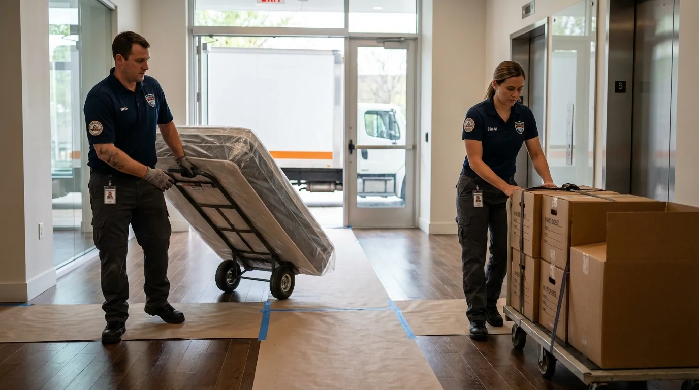 Professional apartment movers loading elevator in Oakland City, IN