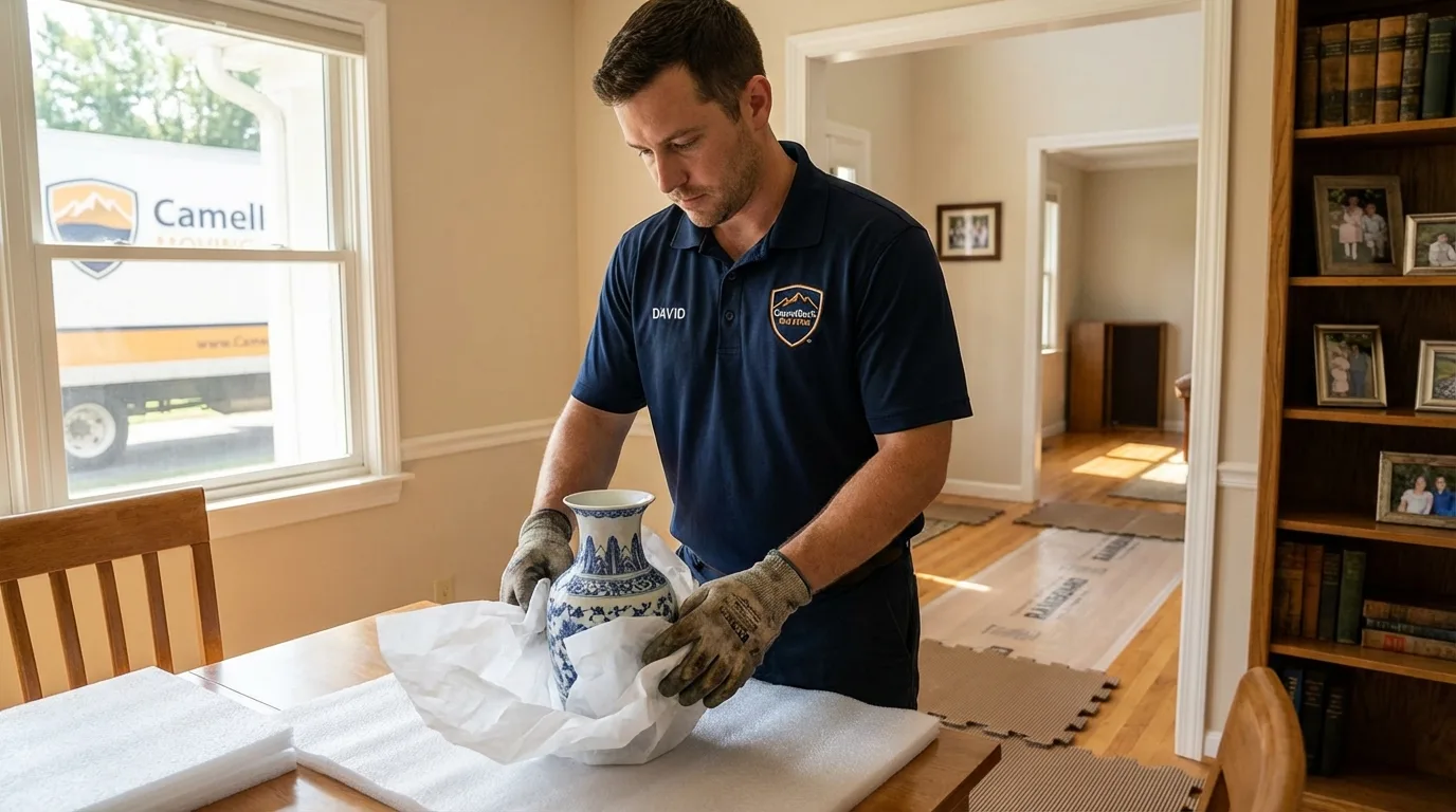 Professional crew carefully wrapping antique vase for senior downsizing move in Oakland City, IN