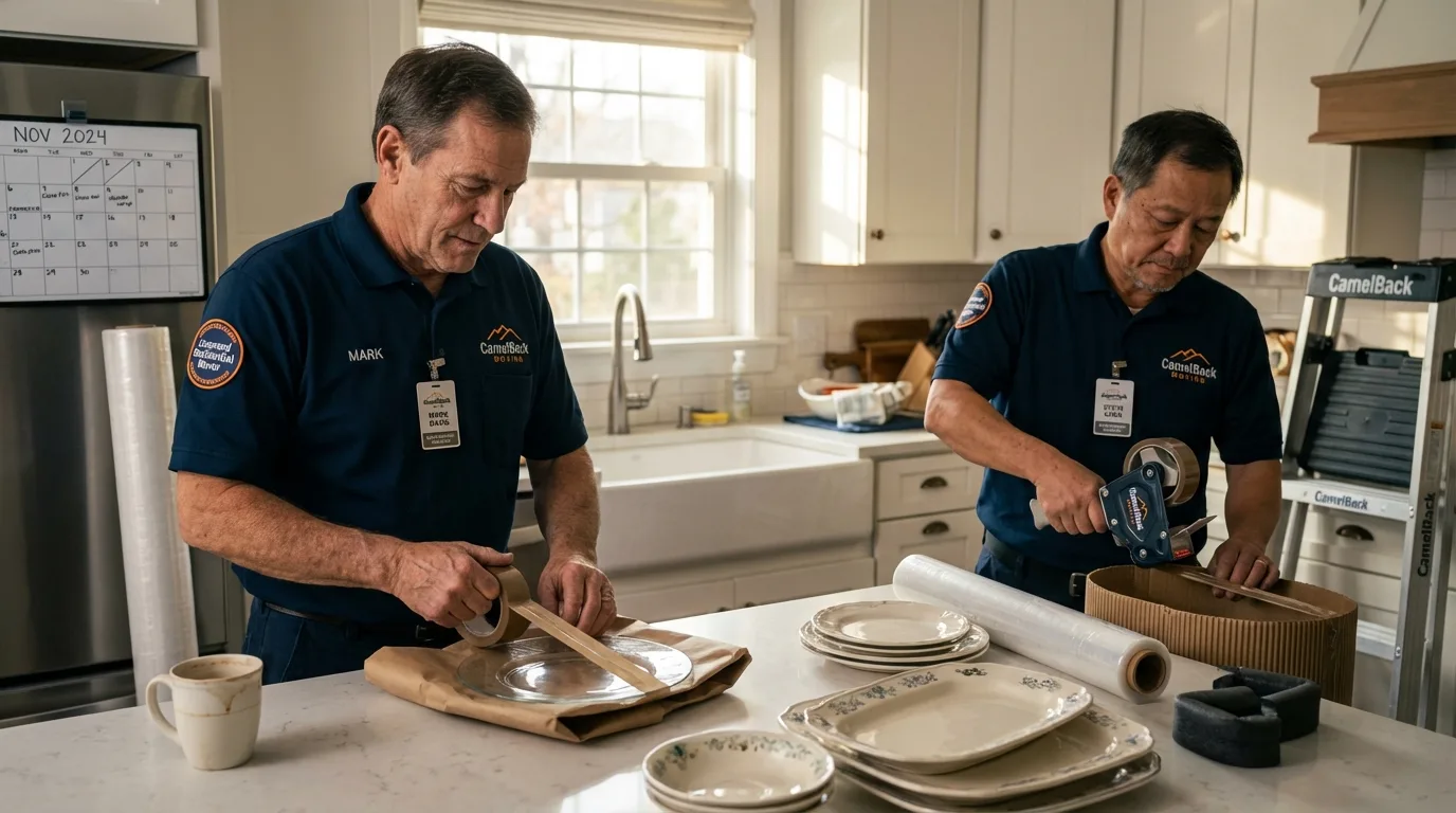 Professional crew packing kitchen dishware in Oakland City, IN