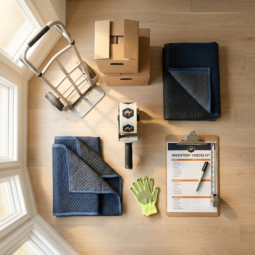 Professional moving supplies and packing materials layout for Oakland City residential relocations